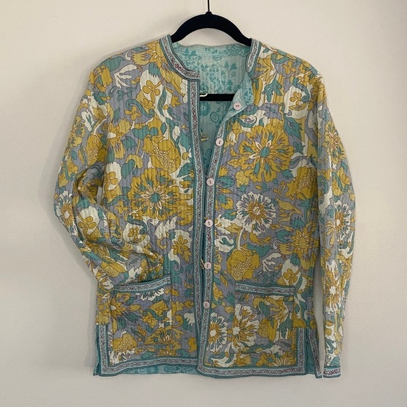 Provence d'amour Jackets & Blazers - Floral Quilted Jacket Reversible Yellow Blue Cotton Made in India Medium